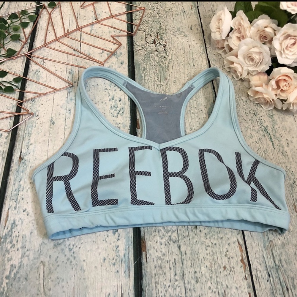 Reebok medium sports bra light blue activewear black racerback yoga fitness run - Picture 2 of 5